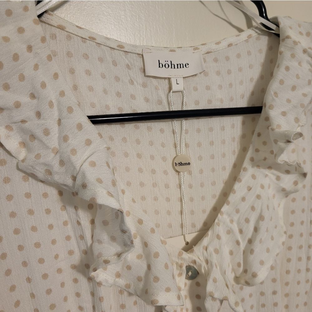 Bohme Ruffle Neck Polka Dot Flutter Sleeve Button Front Boho Midi Dress, L NEW - Picture 11 of 16